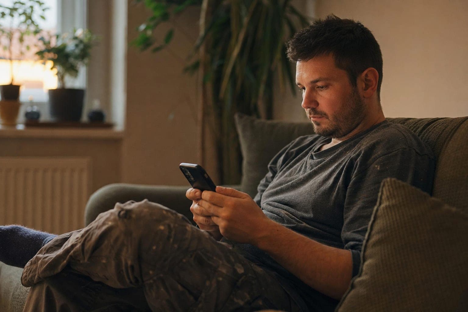 Fachkraft zuhause auf dem Sofa mit dem Telefon in der Hand